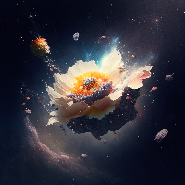 A beautiful flower floating in space surrounded by meteorites