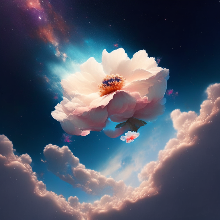 A beautiful flower floating in space with an animated sky