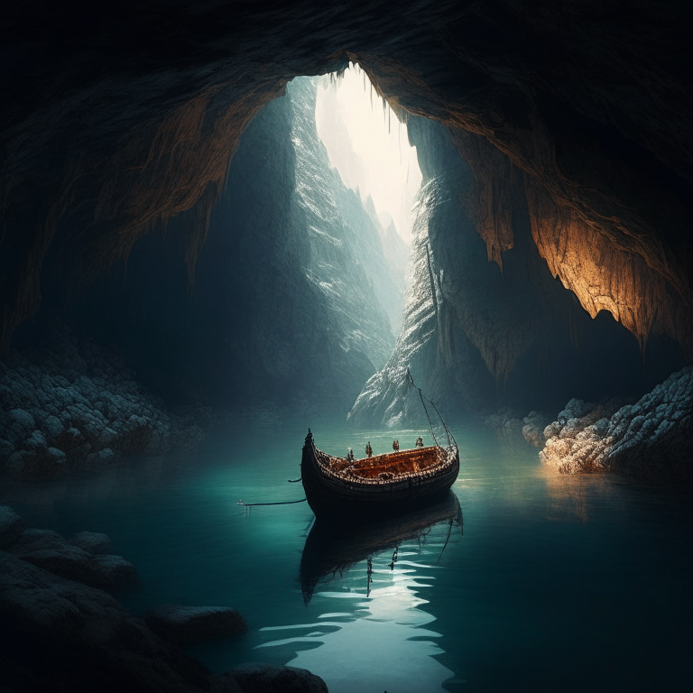 a large cavern with an underground river running through it, with a boat tied up on the shore