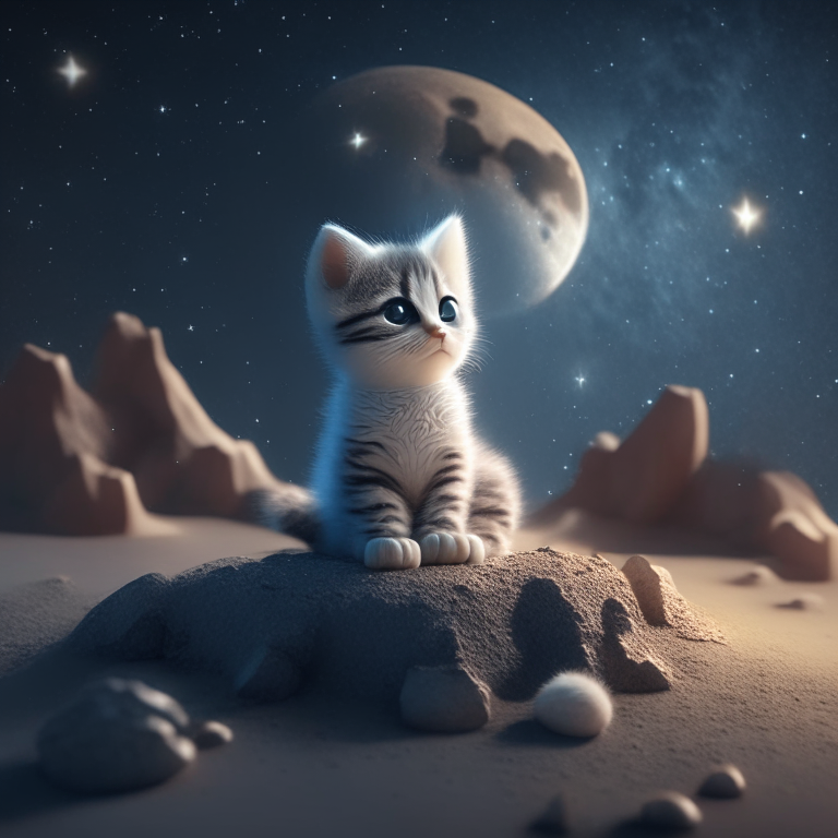 a cute kitten sitting on the moon, with a starry sky in the background, octane render