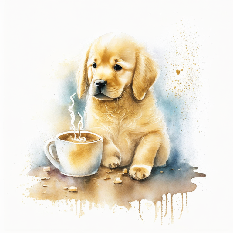 a Golden Retriever puppy drinking a latte with heart-shaped art, in a watercolor painting style
