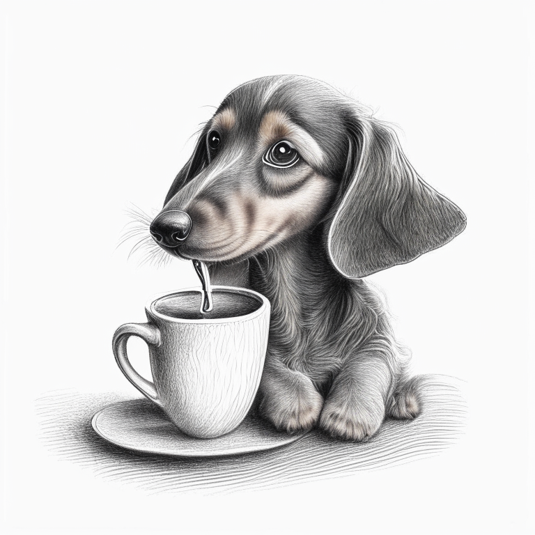 a Dachshund puppy drinking a latte with heart-shaped art, in a pencil sketch style