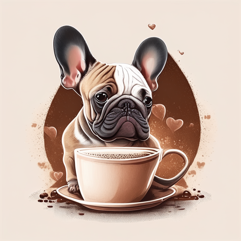 a French Bulldog puppy drinking a latte with heart-shaped art, in a digital illustration style