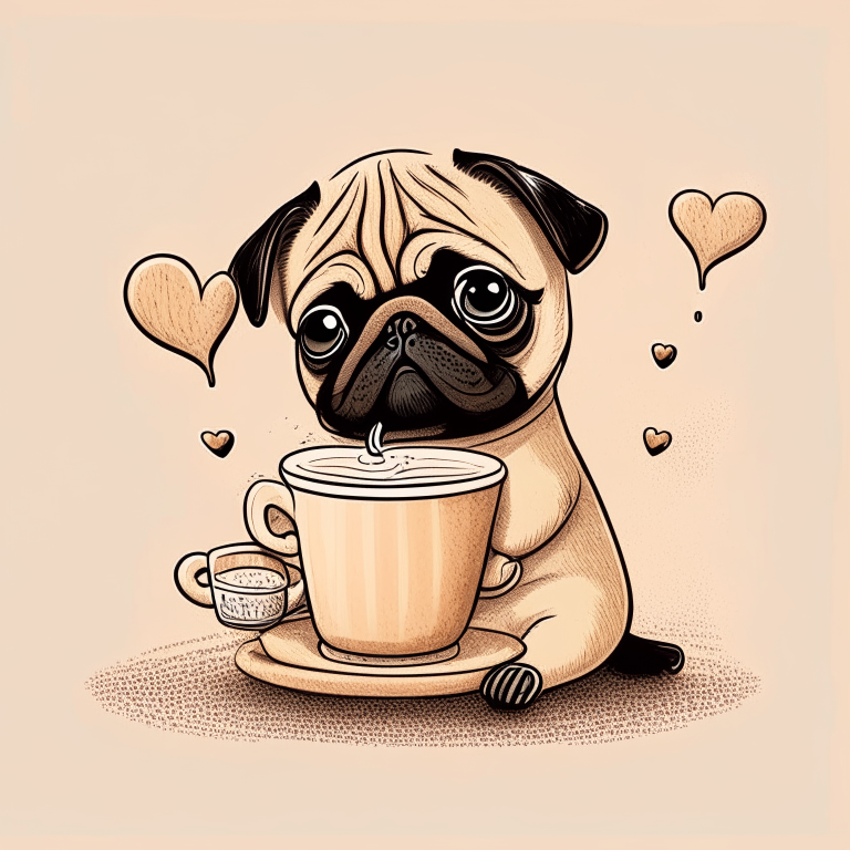a Pug puppy drinking a latte with heart-shaped art, in a cartoon drawing style