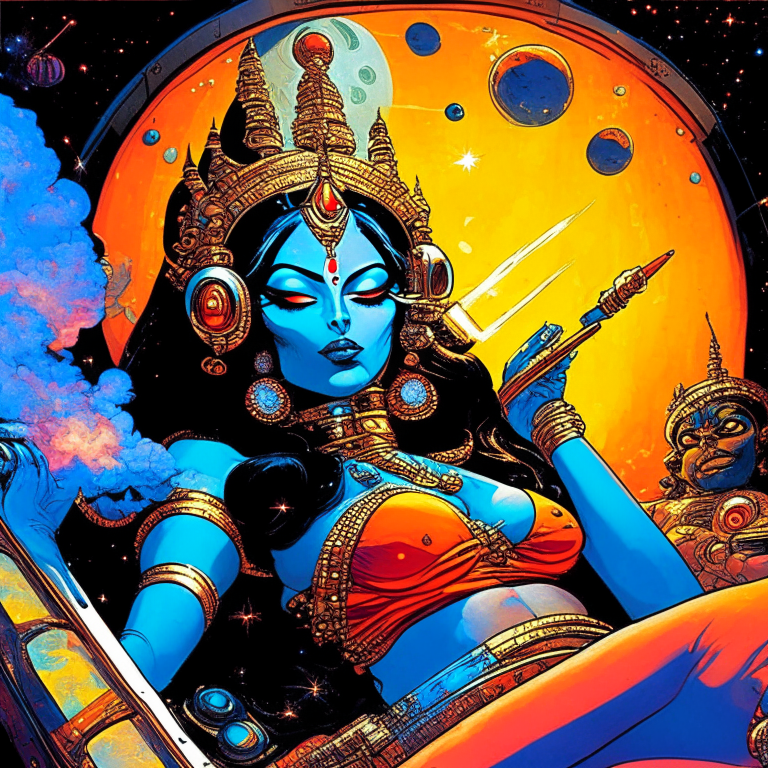 Hindu Goddess Kali in artist Jack Kirby artwork smoking joints in their spaceship cockpit looking at the galaxy.”