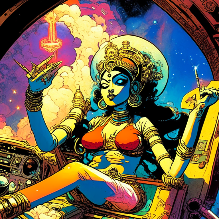 Hindu Goddess Saraswathi in artist Jack Kirby artwork smoking joints in their spaceship cockpit looking at the galaxy.”
