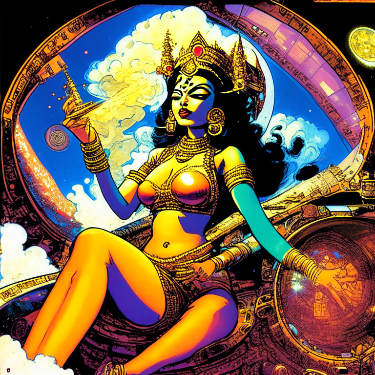 Hindu Goddess Lakshmi in artist Jack Kirby artwork smoking joints in their spaceship cockpit looking at the galaxy.”