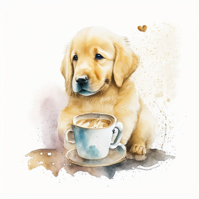 a Golden Retriever puppy drinking a latte with heart-shaped art, in a watercolor style