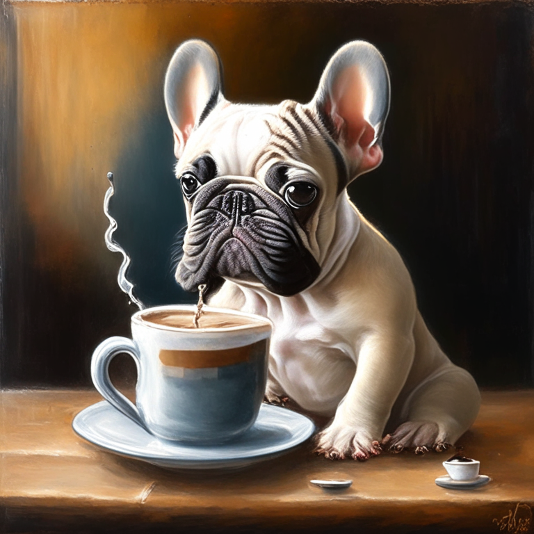 a French Bulldog puppy drinking a latte with heart-shaped art, in an oil painting style