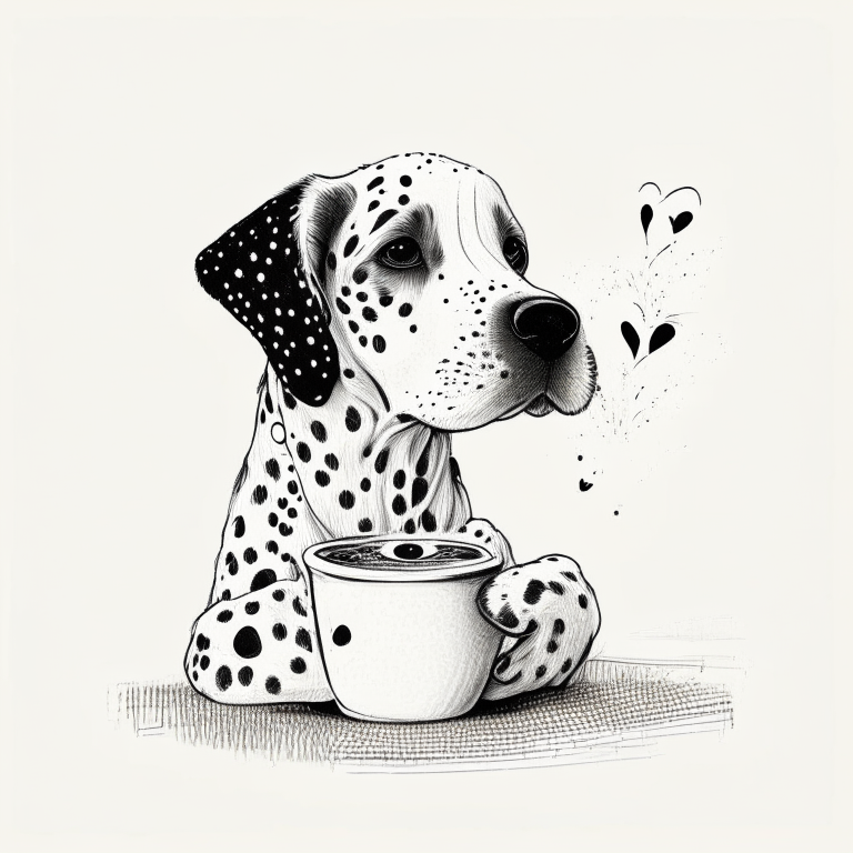 a Dalmatian puppy drinking a latte with heart-shaped art, in a sketch style