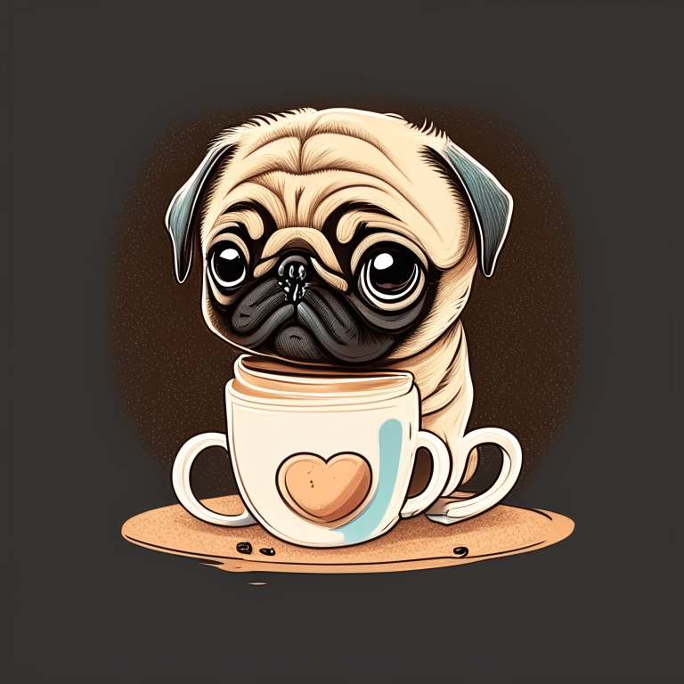 a Pug puppy drinking a latte with heart-shaped art, in a cartoon style