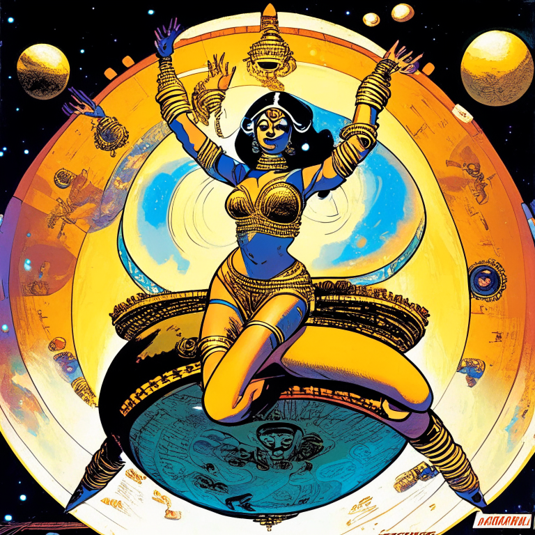 Hindu Goddess Parvathy dancing bharatanatyam in artist Jack Kirby artwork in their spaceship cockpit looking at the galaxy.”