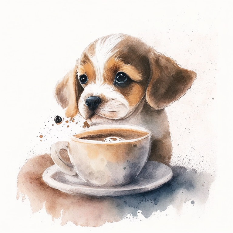 a puppy drinking a latte with heart-shaped art, in a watercolor painting style