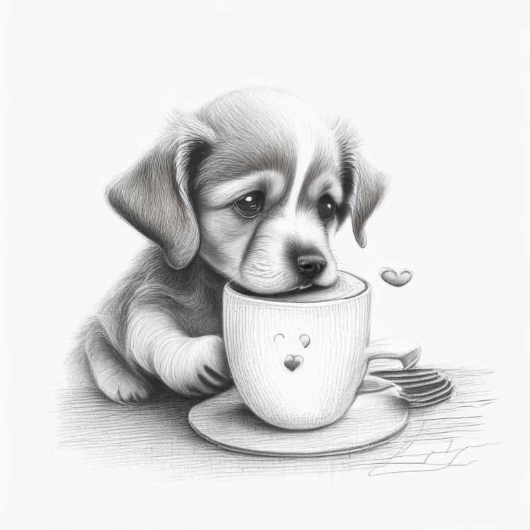 a puppy drinking a latte with heart-shaped art, in a pencil sketch style