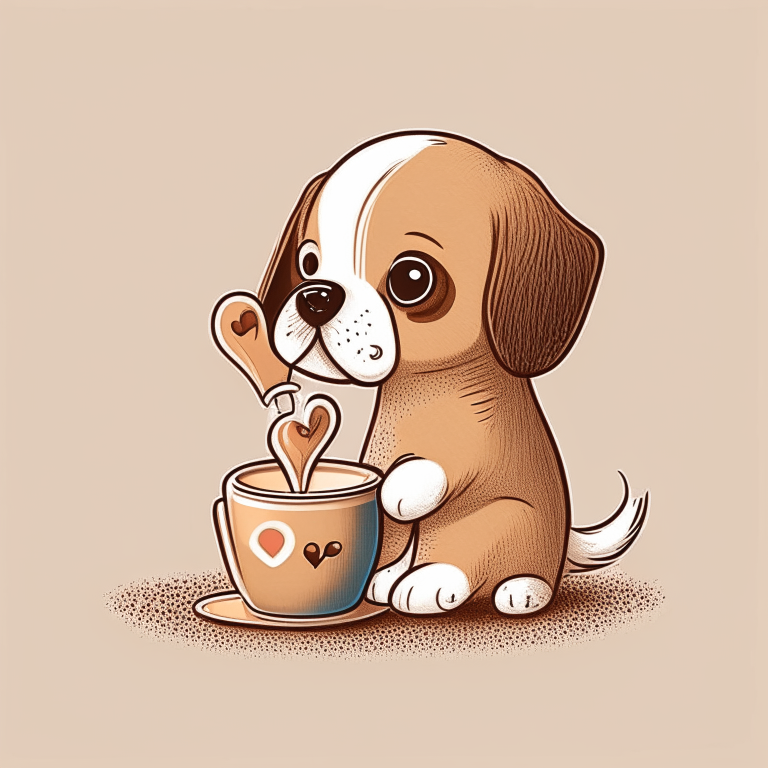 a puppy drinking a latte with heart-shaped art, in a cartoon drawing style