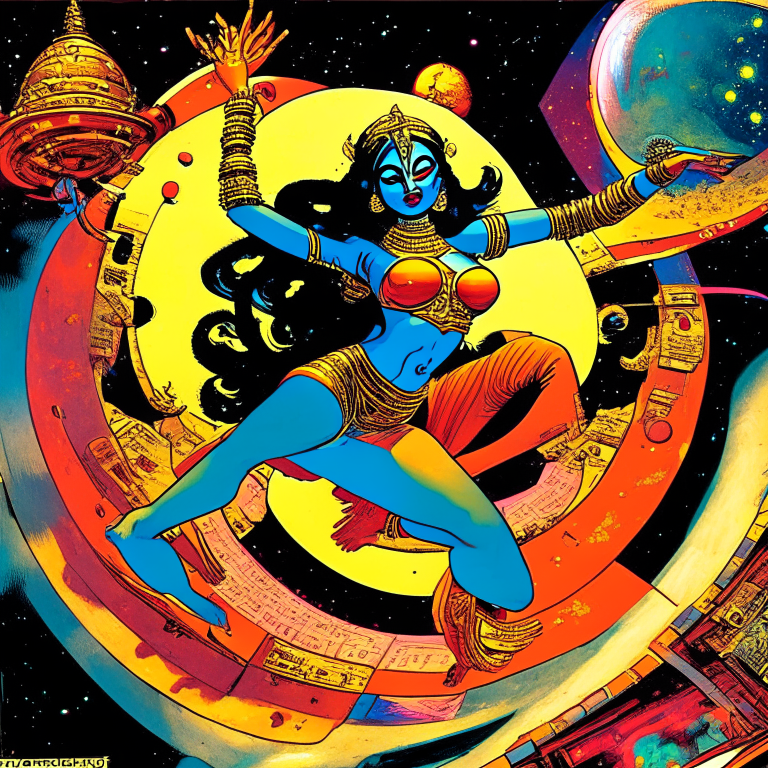 Hindu Goddess Kali dancing bharatanatyam in artist Jack Kirby artwork in their spaceship cockpit looking at the galaxy.”