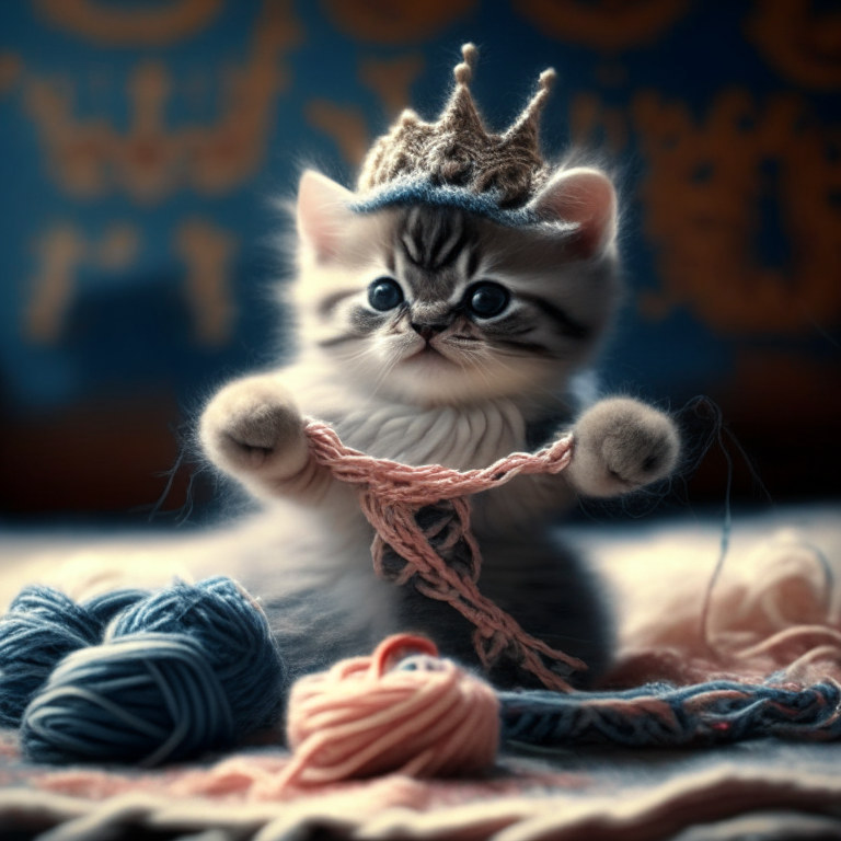 a kitten wearing a crown and playing with yarn