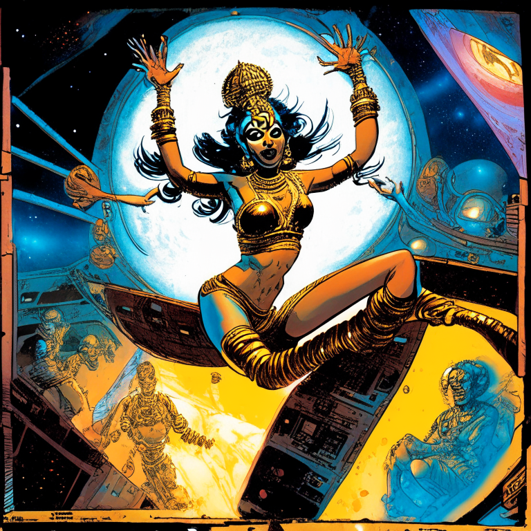 Hindu Goddess Kali dancing bharatanatyam in artist Joe Kubert artwork in their spaceship cockpit looking at the galaxy.”