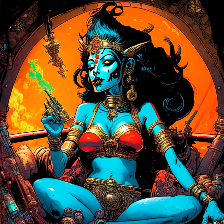 Generate a one of a kind Hindu Goddess Kali in artist Joe Kubert artwork style with proper human details, smoking a joint in their spaceship cockpit looking at the galaxy.”