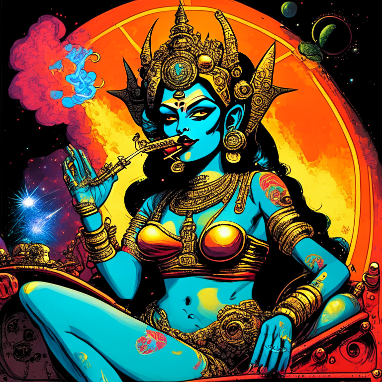 Generate a one of a kind Hindu Goddess Kali in artist Jack Kirby artwork style with proper human details, smoking a joint in their spaceship cockpit looking at the galaxy.”