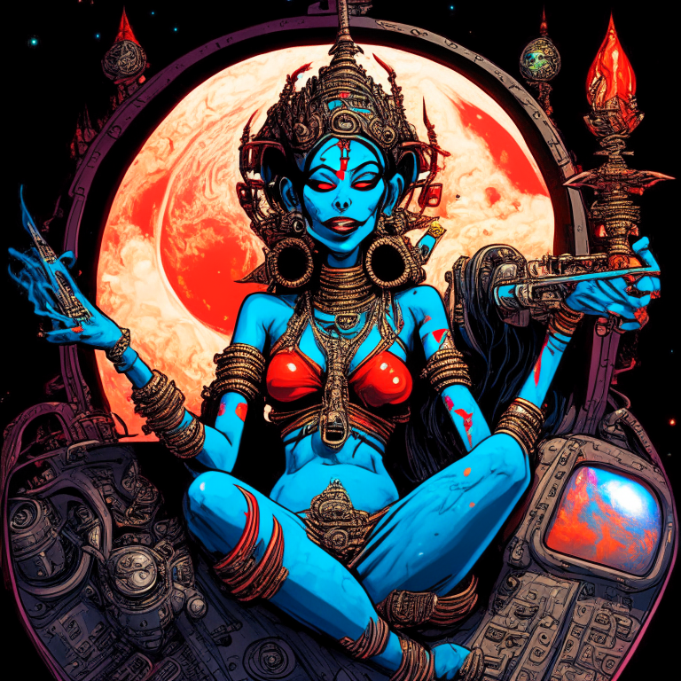 Generate a one of a kind Hindu Goddess Kali in artist Todd McFarlane artwork style with proper human details, smoking a joint in their spaceship cockpit looking at the galaxy.”