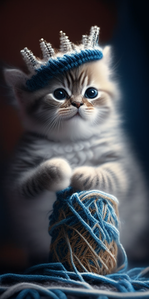 A kitten wearing a crown and playing with yarn