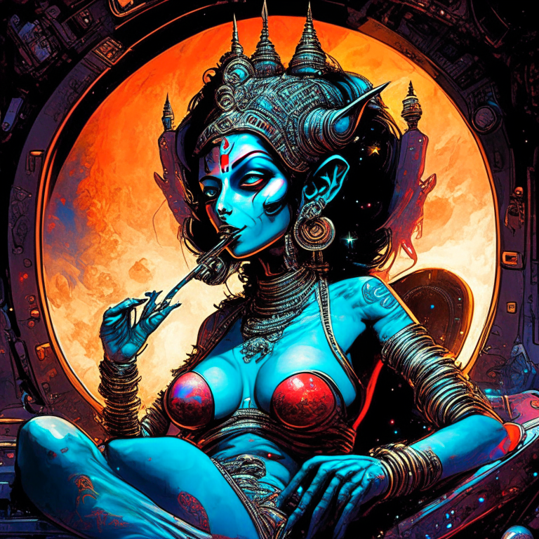 Generate a one of a kind Hindu Goddess Kali in artist Jim Lee artwork style with proper human details, smoking a joint in their spaceship cockpit looking at the galaxy.”