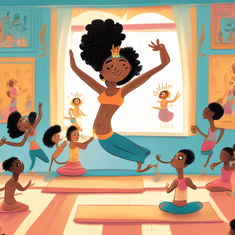 childrens book illustration of a dancing yoga queen in a room with images of other yoga queens on the wall