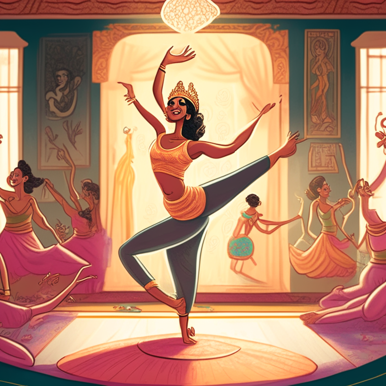 high-detail storybook illustration of a dancing yoga queen in a room with images of other yoga queens on the wall