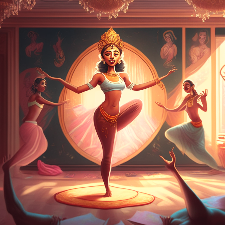 high-detail storybook illustration of a dancing yoga queen in a room with images of other yoga queens on the wall