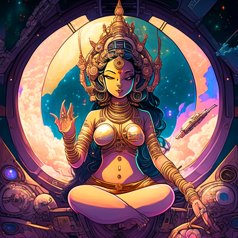 Generate a one of a kind artwork of Hindu Goddess Lakshmi in Japanese Anime artwork style with proper human details, smoking a joint in their spaceship cockpit looking at the galaxy.”