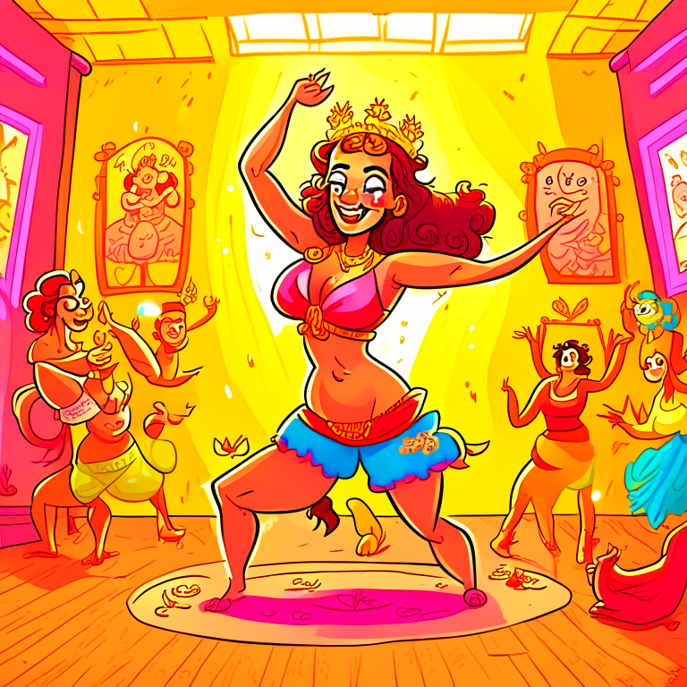 high-detail cartoon art of a dancing yoga queen in a room with images of other yoga queens on the wall