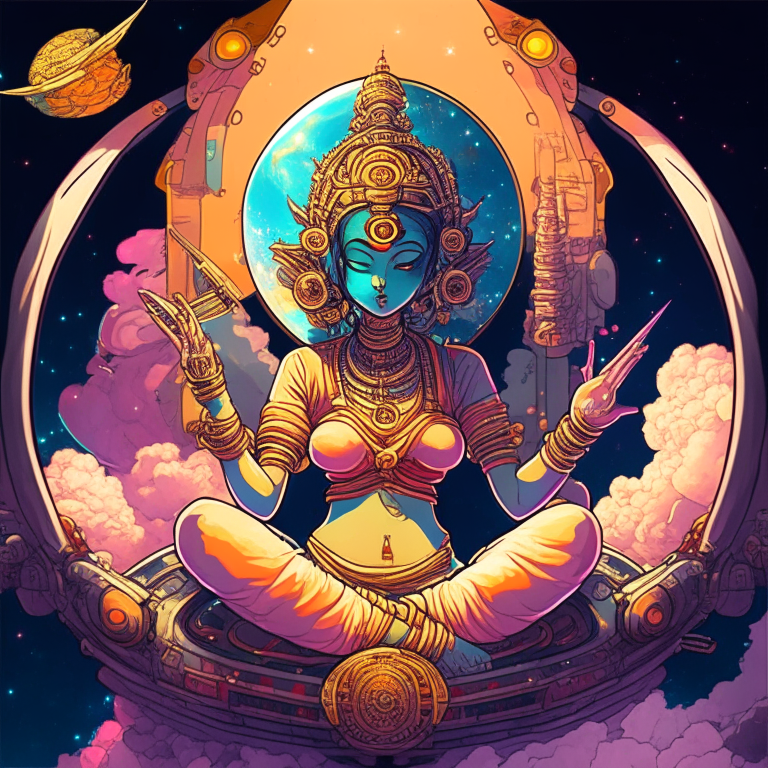 Generate a one of a kind artwork of Hindu Goddess Saraswathi in Japanese Anime artwork style with proper human details, smoking a joint in their spaceship cockpit looking at the galaxy.”