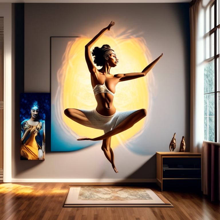 high-detail digital masterpiece of a dancing yoga queen in a room with images of other yoga queens on the wall