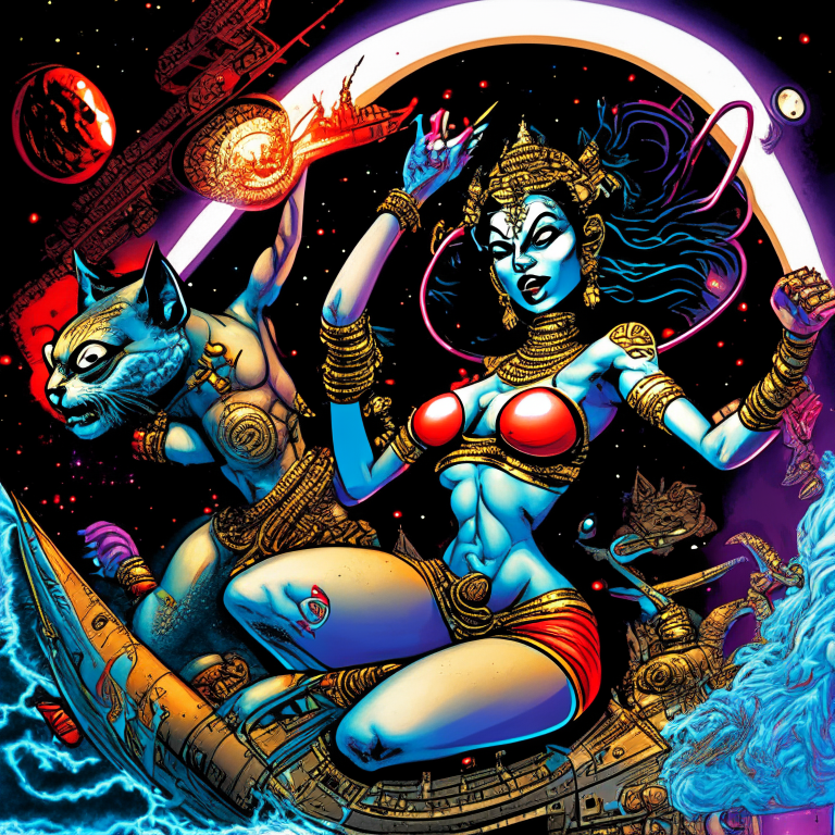 Generate a one of a kind artwork of Hindu Goddess Saraswathi versus Goddess Kali in a swim wear cat fight in Todd McFarlane artwork style with proper human details, in their spaceship cockpit looking at the galaxy.”