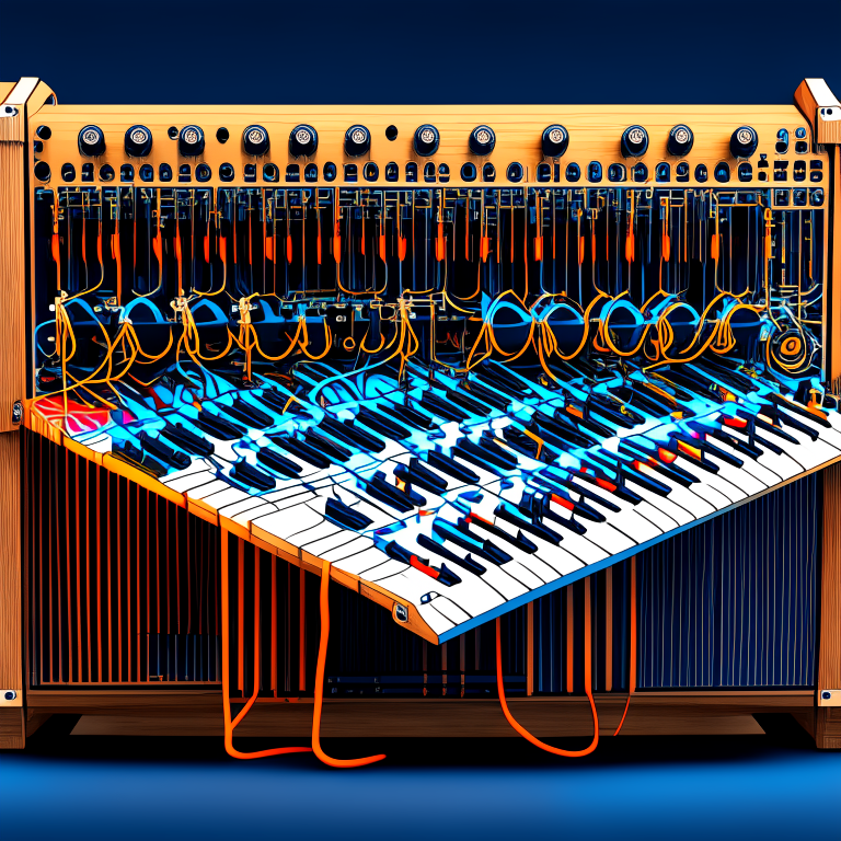 a modular synthesizer with colored patch cables and a vintage synthesizer with wooden side panels, high-detail, digital art, masterpiece, trending on artstation, cinematic lighting,