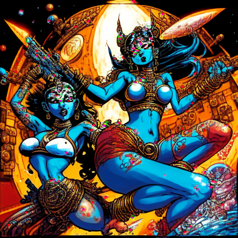 Generate a one of a kind artwork of Hindu Goddess Saraswathi versus Goddess Kali in a fight using sonic guns, in their swimsuits in Todd McFarlane artwork style with proper human details, in their spaceship cockpit looking at the galaxy.”