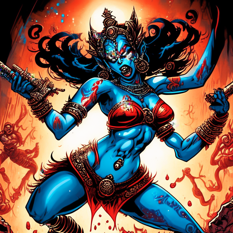 Generate a one of a kind artwork of Hindu Goddess Kali in a fight using sonic guns, in their swimsuits in Todd McFarlane artwork style with proper human details, in the Andromeda galaxy.