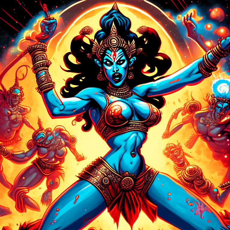 Generate a one of a kind artwork of Hindu Goddess Kali in a fight using atomic blasters, in skimpy swimsuits, using Steven Hughes artwork style with proper human details, in the Andromeda galaxy.