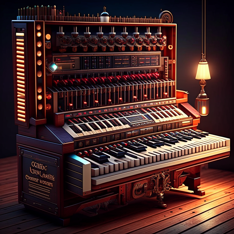 a complex  vintage synthesizer with wooden side panels, high-detail, digital art, masterpiece, trending on artstation, cinematic lighting,