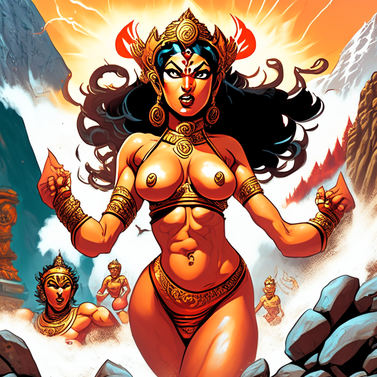 Generate a one of a kind artwork of Hindu Goddess Lakshmi in a fight using atomic blasters, in skimpy swimsuits, using Steven Hughes artwork style with proper human details, in the Himalayan peaks. 