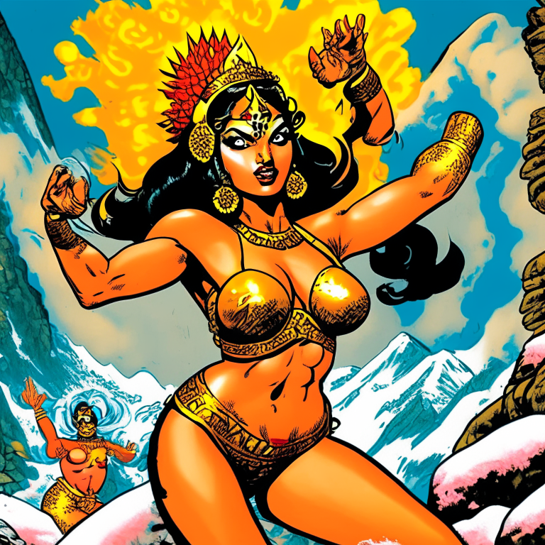 Generate a one of a kind artwork of Hindu Goddess Lakshmi in a fight using atomic blasters, in skimpy swimsuits, using Jack Kirby's artwork style with proper human details, in the Himalayan peaks. 