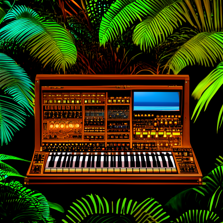 a complex vintage synthesizer with wooden side panels, high-detail, digital art, but simplified at night with cinematic lighting