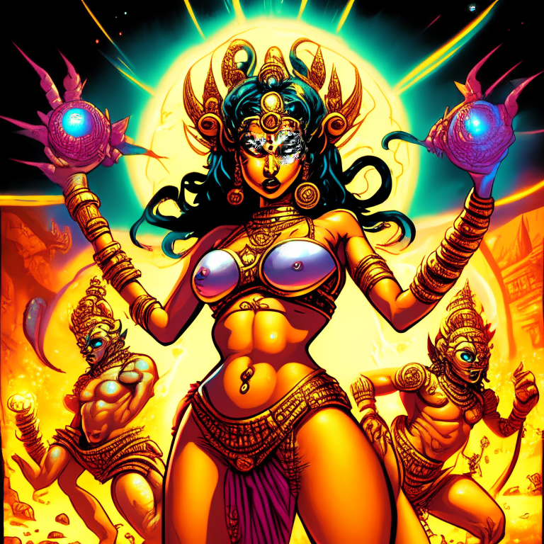 Generate a one of a kind artwork of Hindu Goddess Lakshmi in a fight using atomic blasters, in skimpy swimsuits, at an alien planet using Evil Ernie's artwork style with proper human details. 