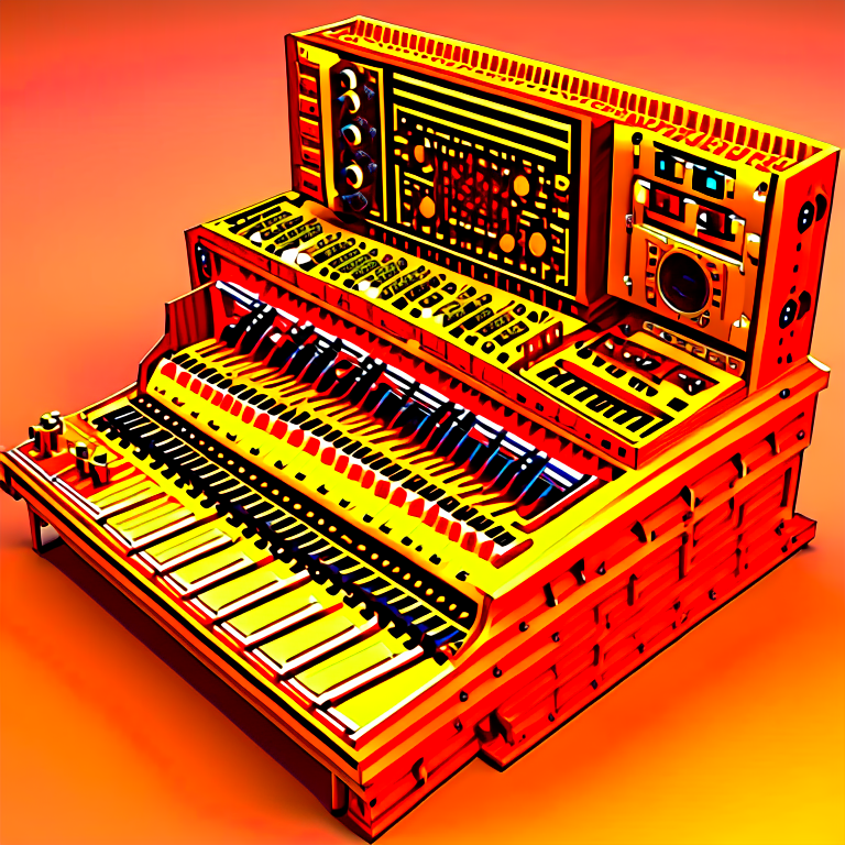 a complex  synthesizer with wooden side panels, high-detail, digital art, masterpiece, trending on artstation, cinematic lighting,