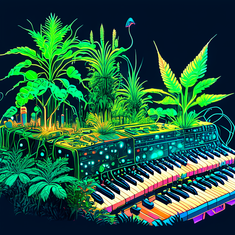 a complex vintage synthesizer with wooden side panels surrounded by huge cannabis plants, high-detail, digital art, but simplified at night with cinematic lighting