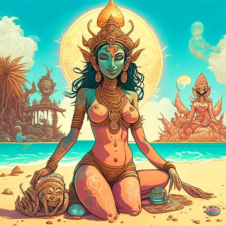Generate a one of a kind artwork of Hindu Goddess Lakshmi in a chill and stoned mood, in skimpy swimsuits, at a beach on an alien planet using Inger Edelfeldt's artwork style with proper human details. 