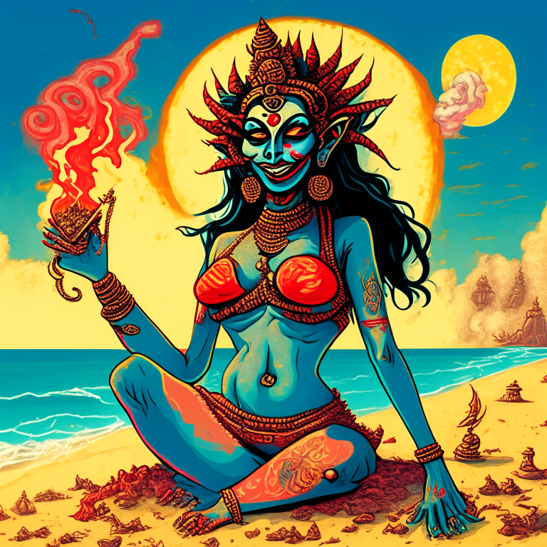 Generate a one of a kind artwork of Hindu Goddess Kali in a happy and stoned mood, smoking a joint in skimpy swimsuits, at a beach on an alien planet using Inger Edelfeldt's artwork style with proper human details. 