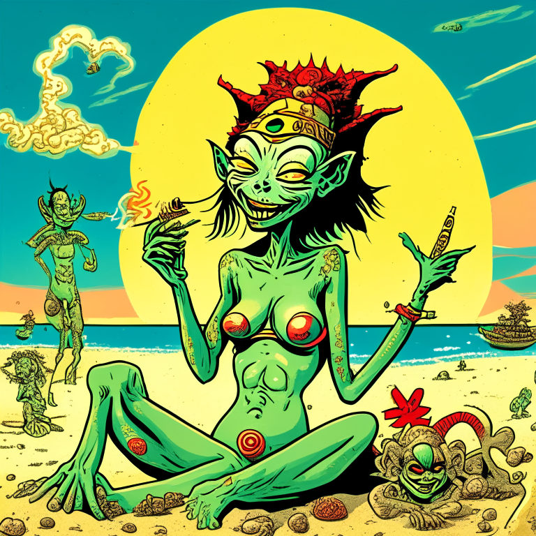 Generate a one of a kind artwork of Chinese Goddess Mazu in a happy and stoned mood, smoking a joint in skimpy swimsuits, at a beach on an alien planet using Art Spiegelman's artwork style with proper human details. 