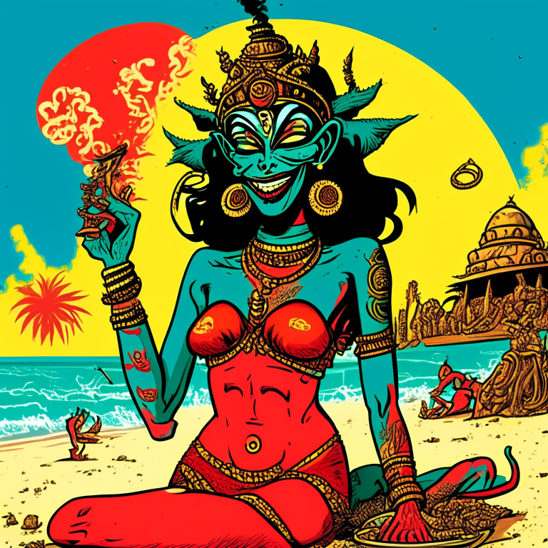 Generate a one of a kind artwork of Hindu Goddess Kali in a happy and stoned mood, smoking a joint in skimpy swimsuits, at a beach on an alien planet using Art Spiegelman's artwork style with proper human details. 